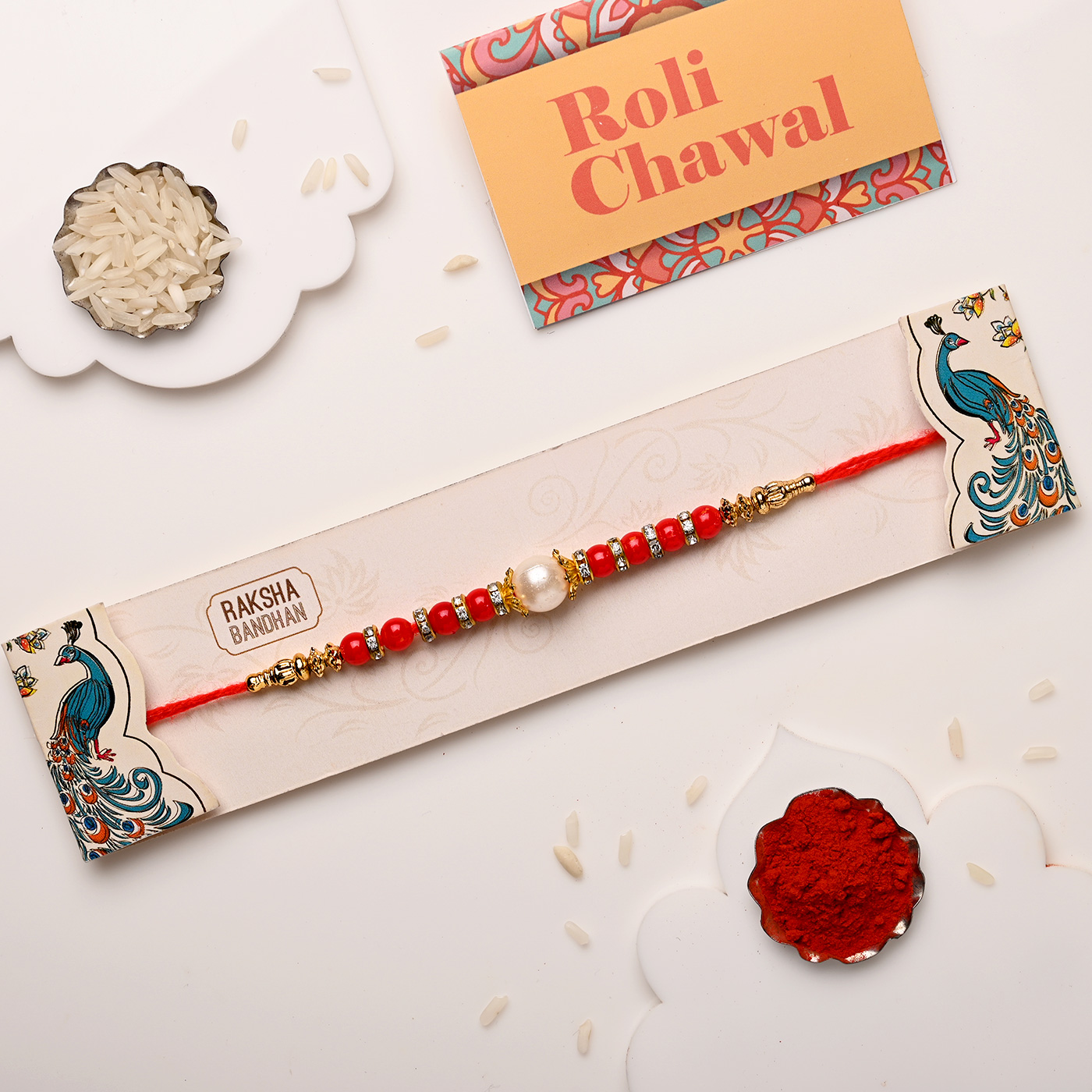 Red and White Pearl Rakhi - 12 Pcs - Image 3